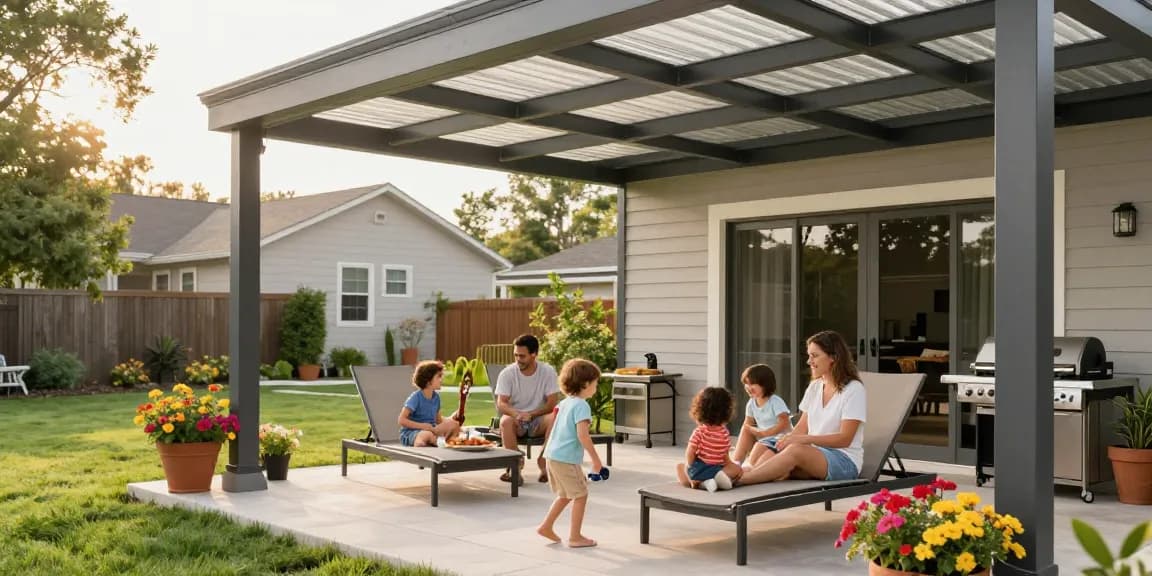 Familie genießt Zeit im Freien unter einer Terrassenüberdachung mit stilvollem Aluminiumdach und bunten Blumen.