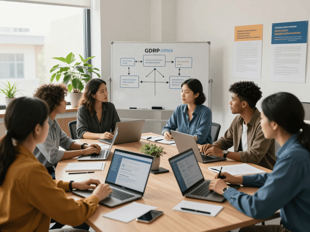 Sociale Einrichtungen professionals collaborating on data privacy and accessibility strategies in modern office.