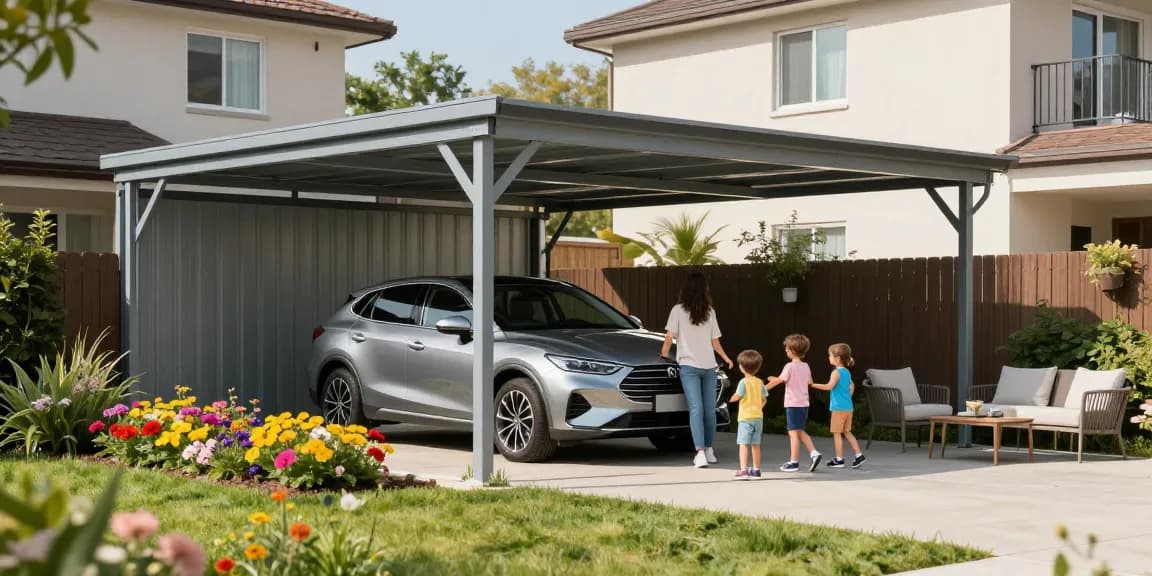 Moderner Carport mit Familie und Garten im Hintergrund.