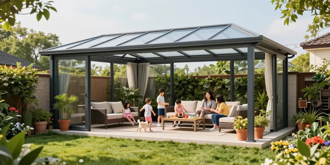 Freistehende Terrassenüberdachung im Garten mit Familie, die einen sonnigen Tag genießt.