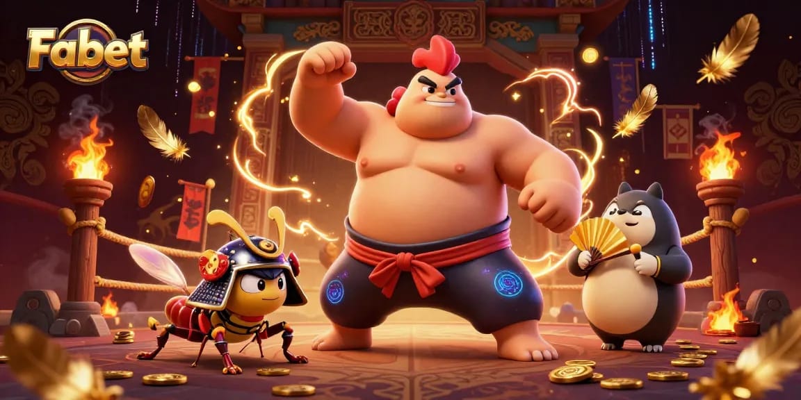 Fabet hosts a fierce battle between a sumo wrestler rooster and a samurai cricket in a vibrant arena.