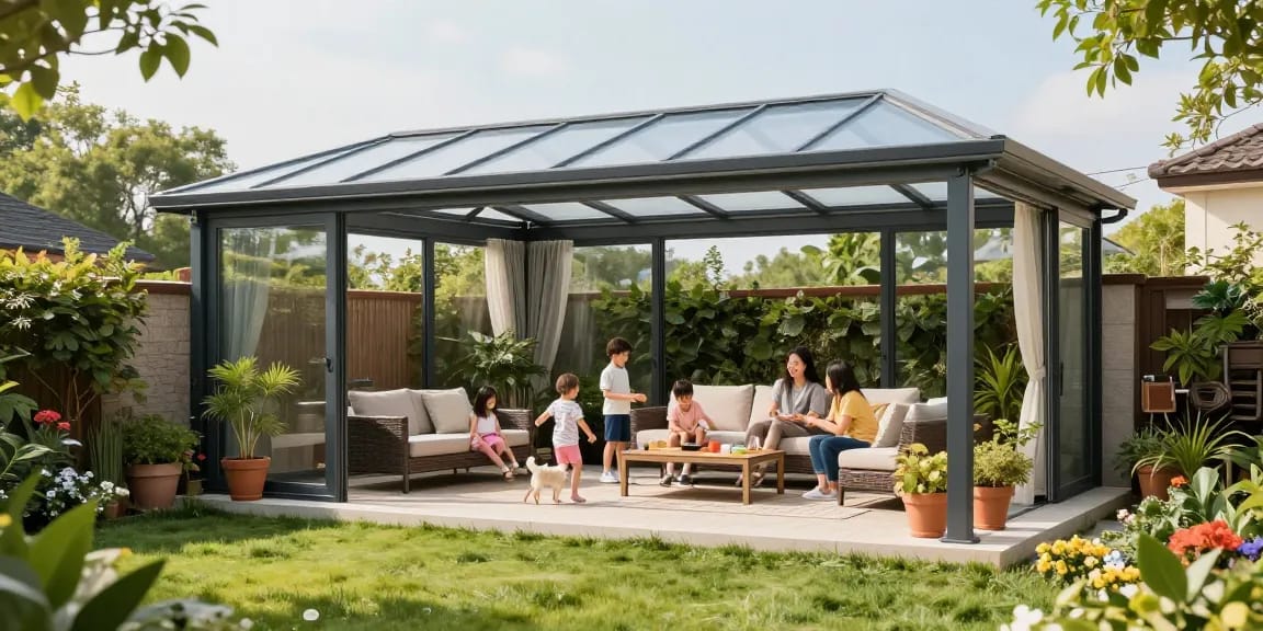 Freistehende Terrassenüberdachung im Garten mit Familie, die einen sonnigen Tag genießt.