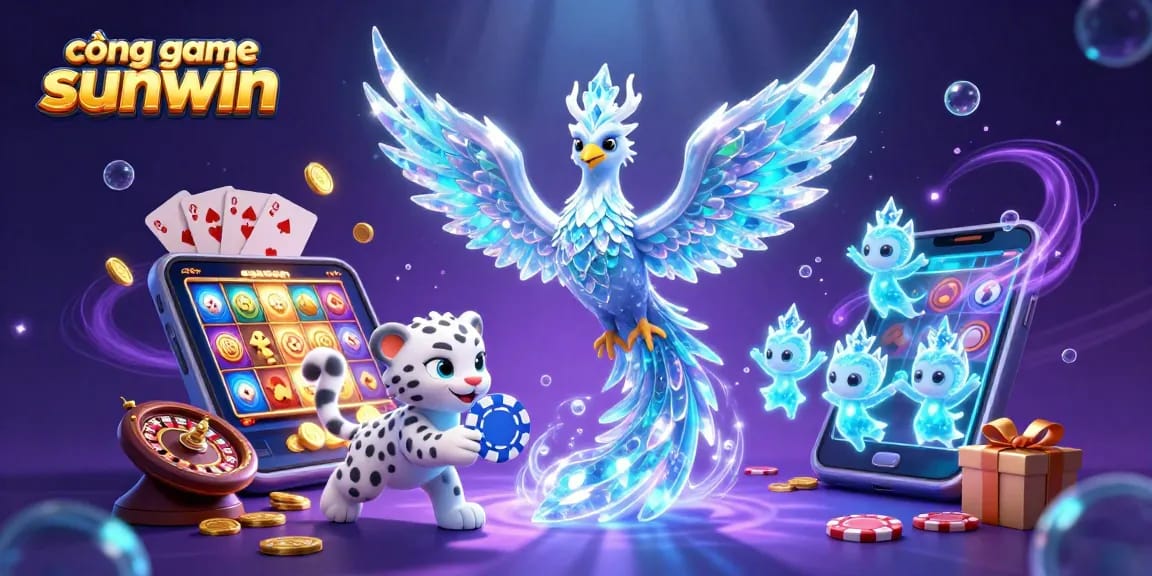 Cổng game sunwin showcases a vibrant 3D casino scene with a mystical ice phoenix and playful snow leopard.