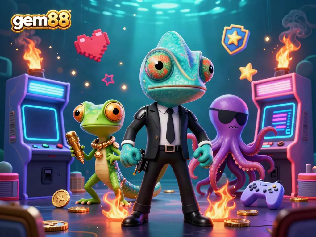 Experience the thrill of gem88 with a vibrant 3D casino illustration showcasing colorful characters and arcade elements.