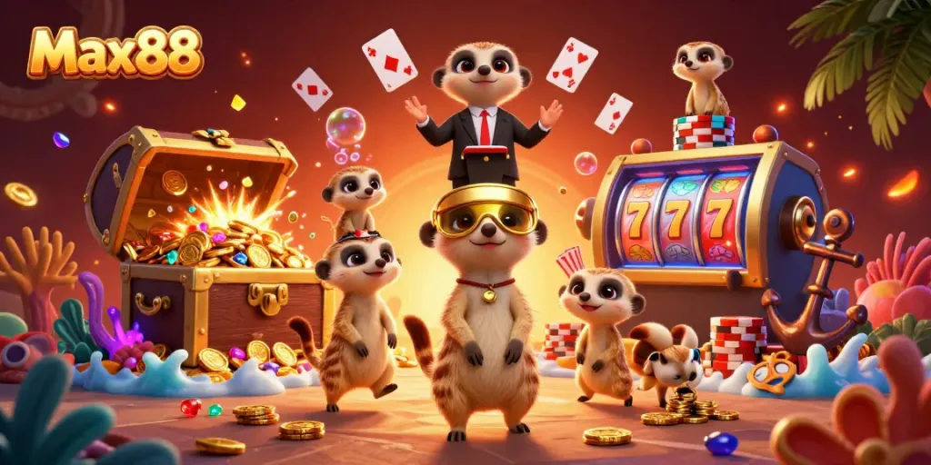 Max88 casino scene featuring meerkats engaging in thrilling gambling activities with vibrant elements