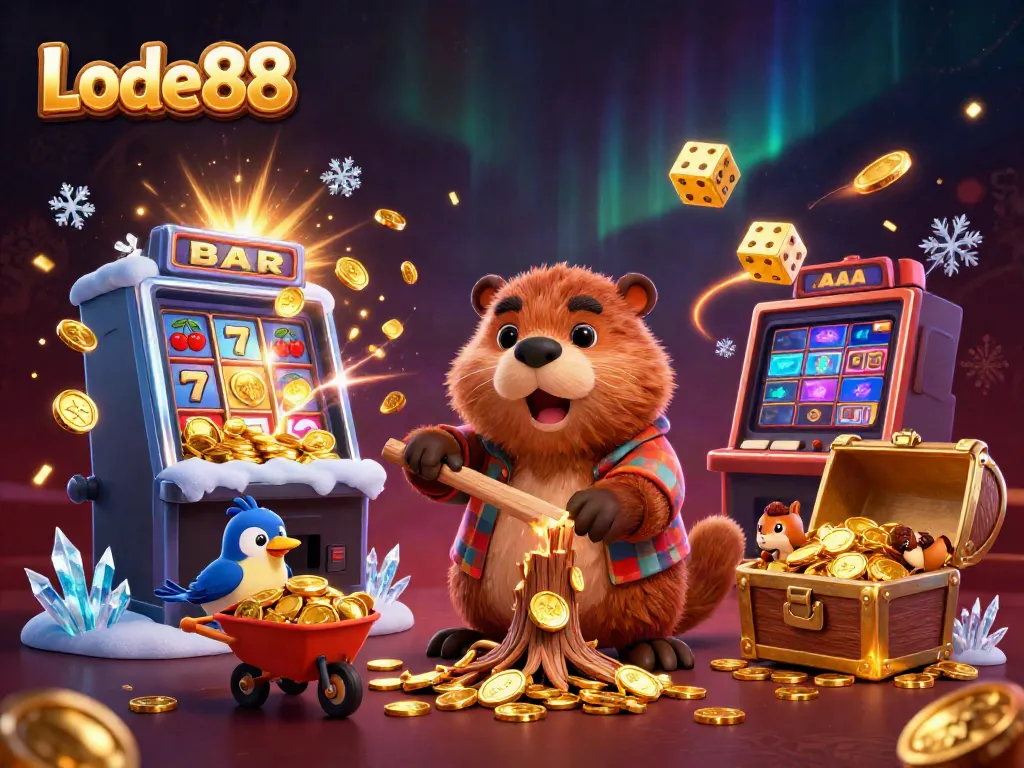Catch exciting wins at Lode88 with a colorful casino scene featuring cartoon characters collecting gold coins and jackpot symbols.