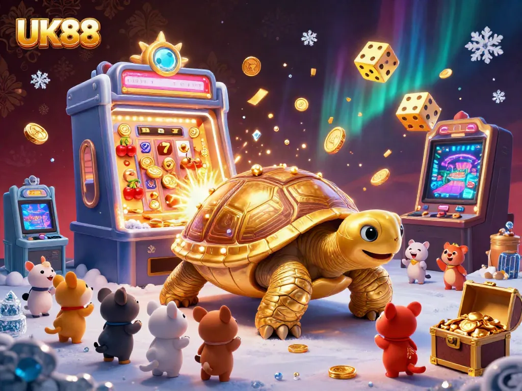 Experience the vibrant gaming world of UK88 with a dynamic scene featuring a golden tortoise pinball machine surrounded by a jackpot explosion.