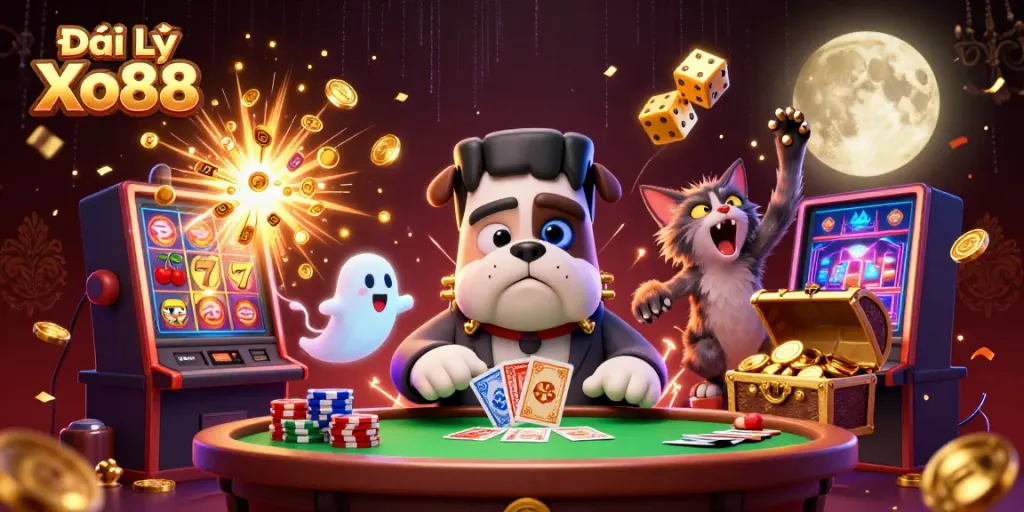 Experience the excitement of Đại Lý Xo88 with animated characters in a casino, dealing cards and celebrating wins.