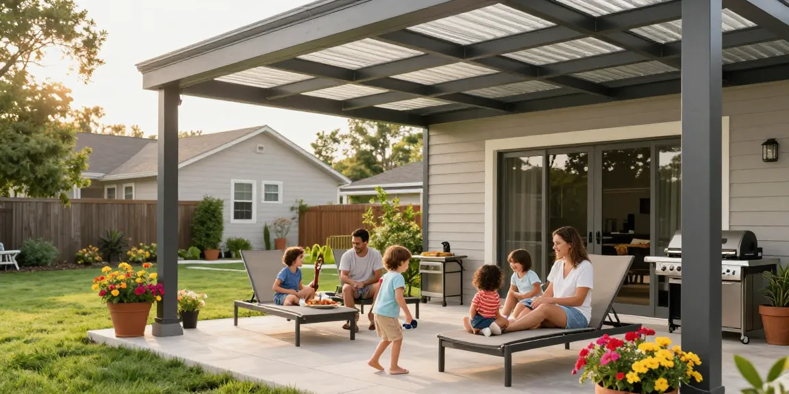Familie genießt Zeit im Freien unter einer Terrassenüberdachung mit stilvollem Aluminiumdach und bunten Blumen.