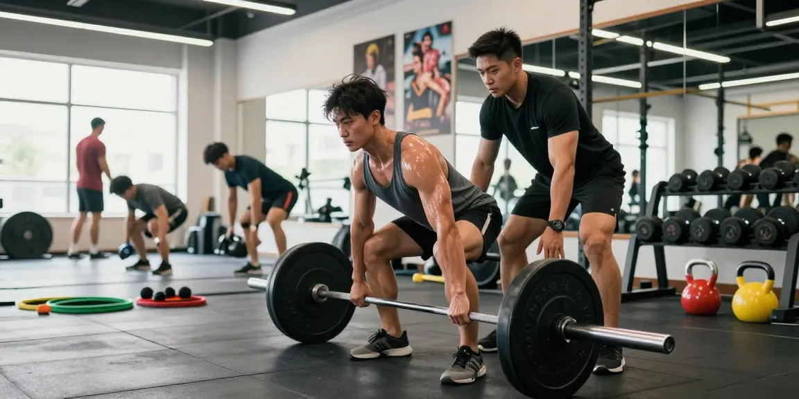 Eine athletische Person, die im Steroidshop mit Barbell Deadlifts trainiert, umgeben von Fitnessgeräten.