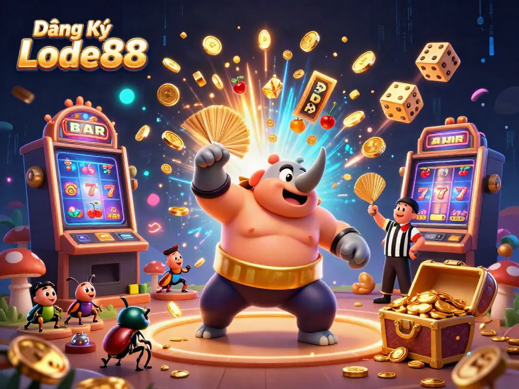 Experience the excitement of Đăng Ký Lode88 as animated characters clash in a thrilling casino scene.