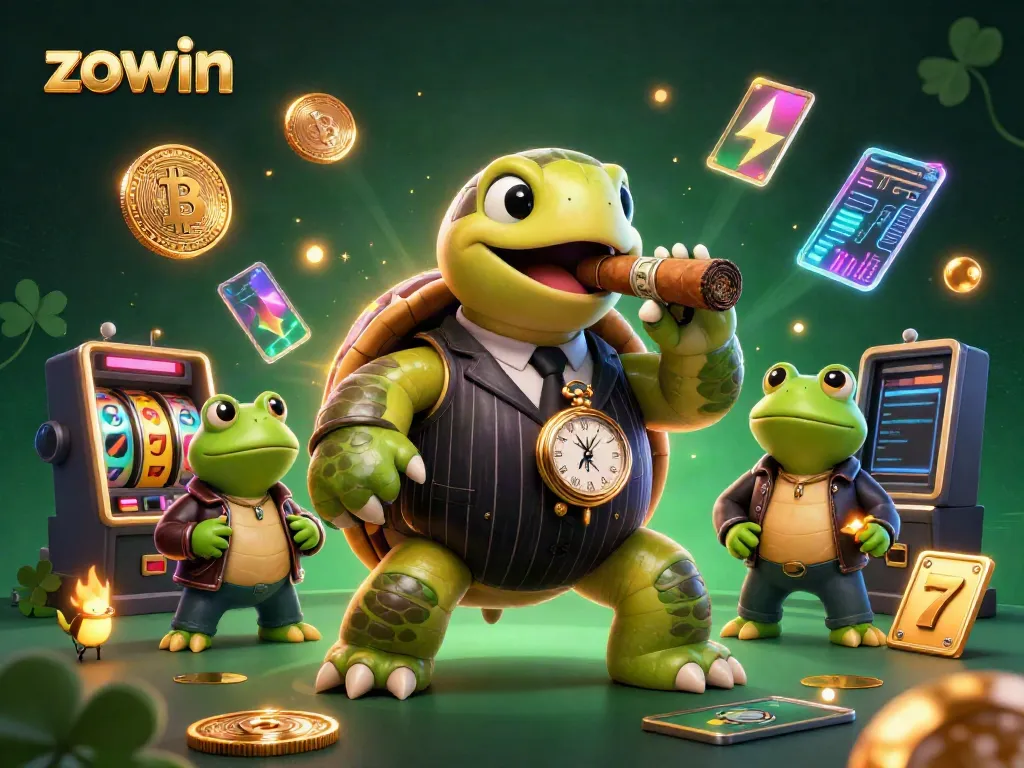 Zowin casino scene featuring a turtle in a mobster suit with slot machines and cryptocurrency elements.