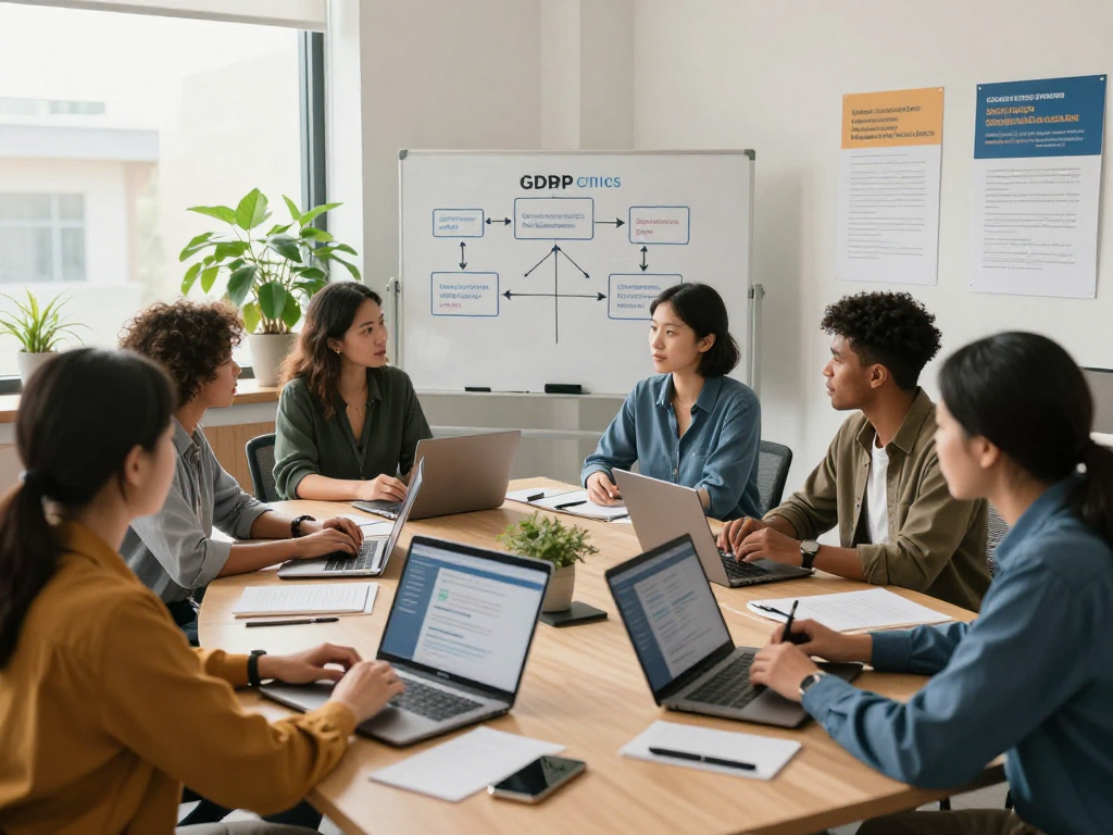 Sociale Einrichtungen professionals collaborating on data privacy and accessibility strategies in modern office.