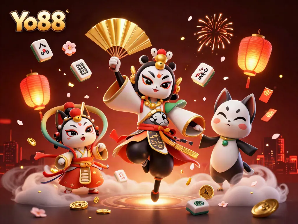 Experience the excitement of Yo88 with the kabuki warrior and kitsune mask amidst floating gaming elements.