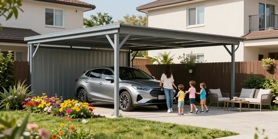 Moderner Carport mit Familie und Garten im Hintergrund.