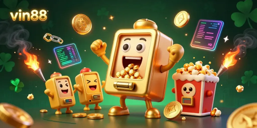 Engage with vin88's thrilling jackpot experience featuring a golden slot machine overflowing with coins and crypto elements.