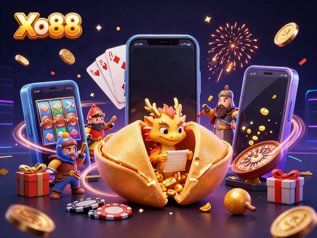 Xo88 celebrates with vibrant casino characters, showcasing gold fortunes and exciting game elements.