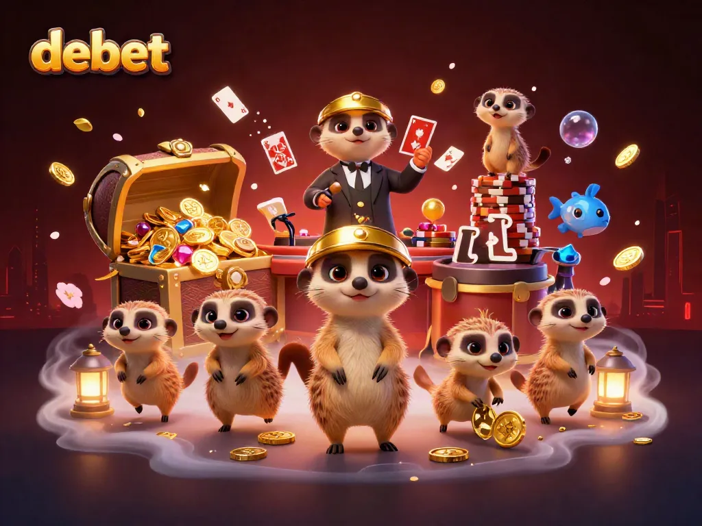 Experience the thrilling world of debet with playful meerkats managing a vibrant casino scene full of excitement.