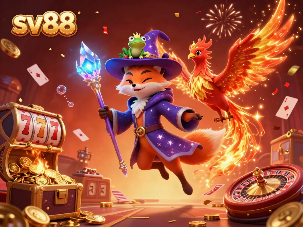 Experience the thrill of sv88 with a dynamic casino scene featuring a mystical wizard fox and exciting game elements.