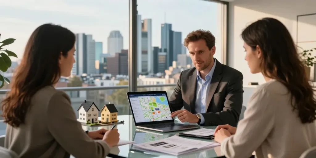 Bester Immobilienmakler Frankfurt berät ein Paar in modernem Büro über Immobilienkäufe.