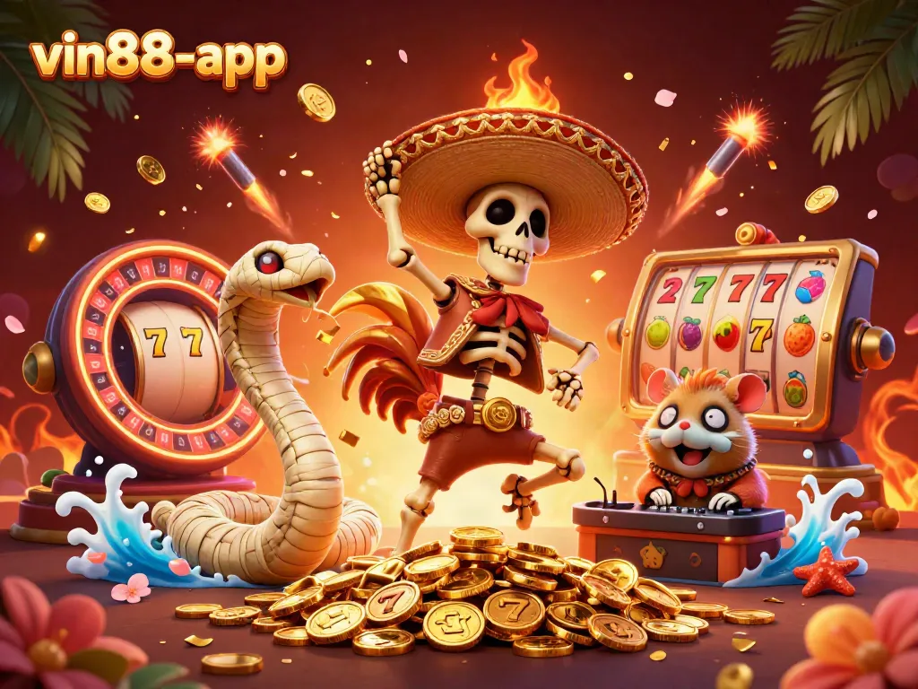 Experience thrilling wins at vin88-app with a lively casino scene featuring vibrant characters and dynamic game elements.