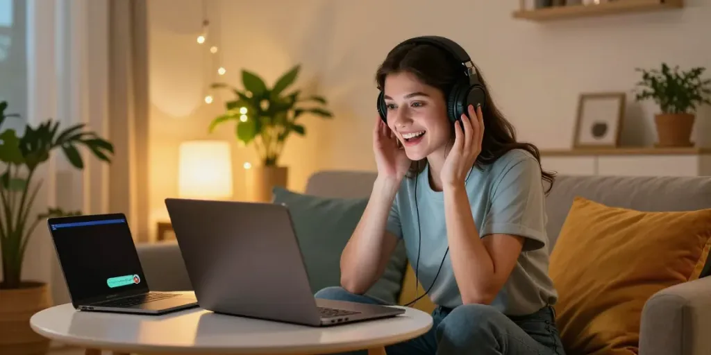 Woman enjoying spicy chat on a laptop in a cozy home environment