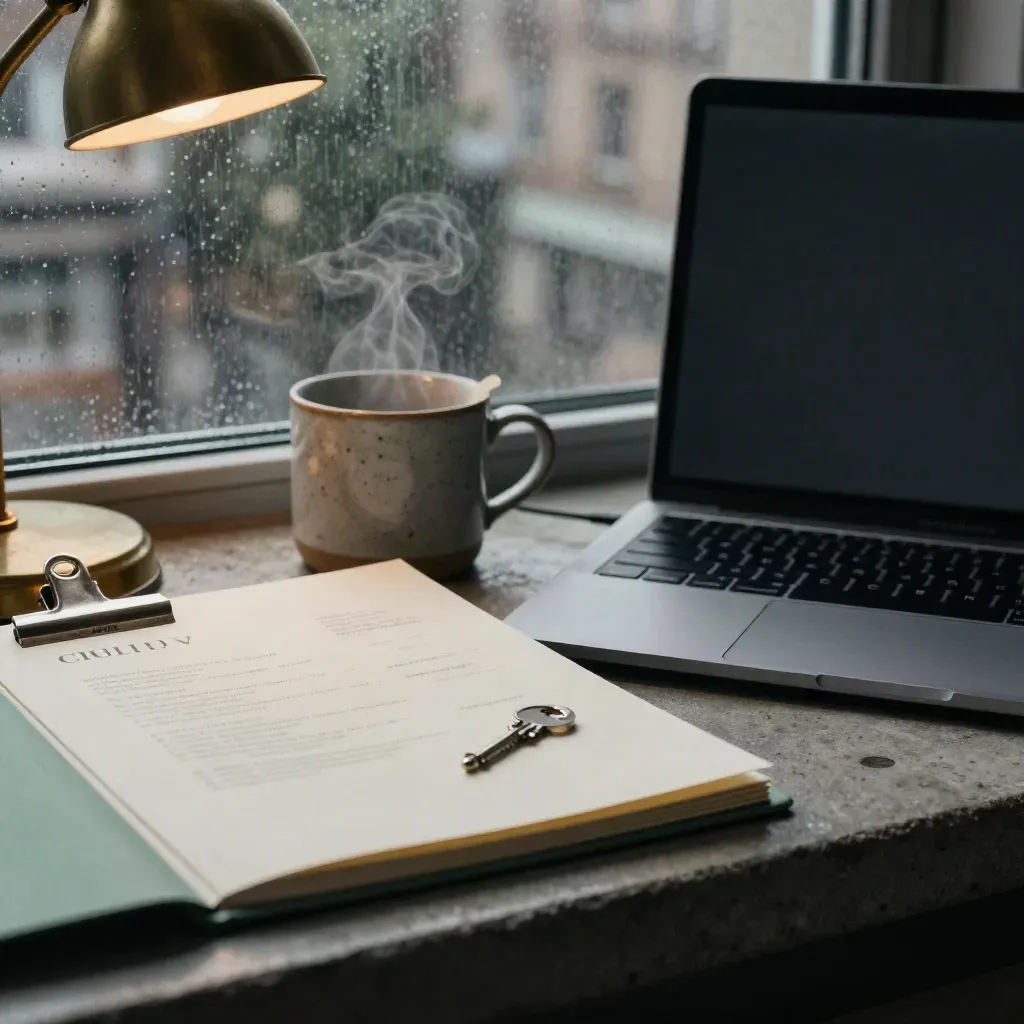 Dunkles Atelierbüro mit Bewerbungsmappe, Laptop, Tasse und Messingleuchte im Regenlicht.