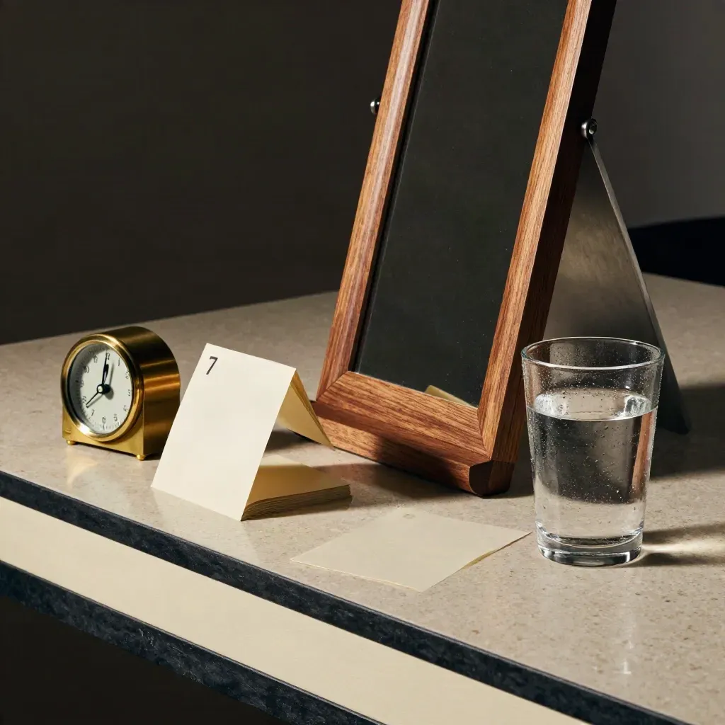 Interview-Setup mit Timer, Fragenkarten, Spiegel und Wasserglas auf Travertin.