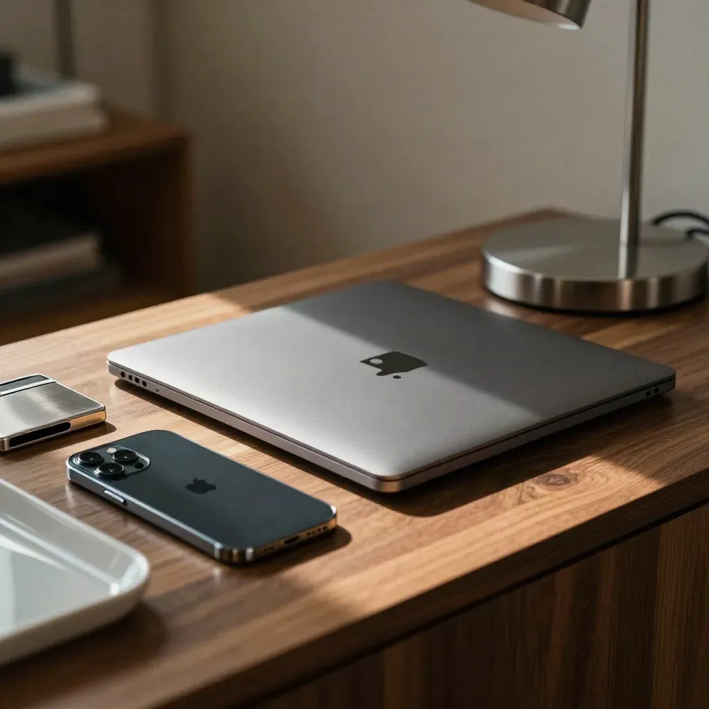 Geschlossenes Laptop-Setup mit Smartphone, Kartenhalter und schlanker Lampe auf warmem Holz.