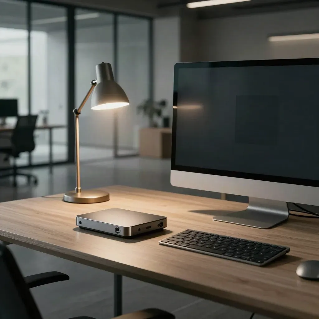 Moderner Tech-Arbeitsplatz im Büro mit Lampe, Dockingstation und Standby-Monitor