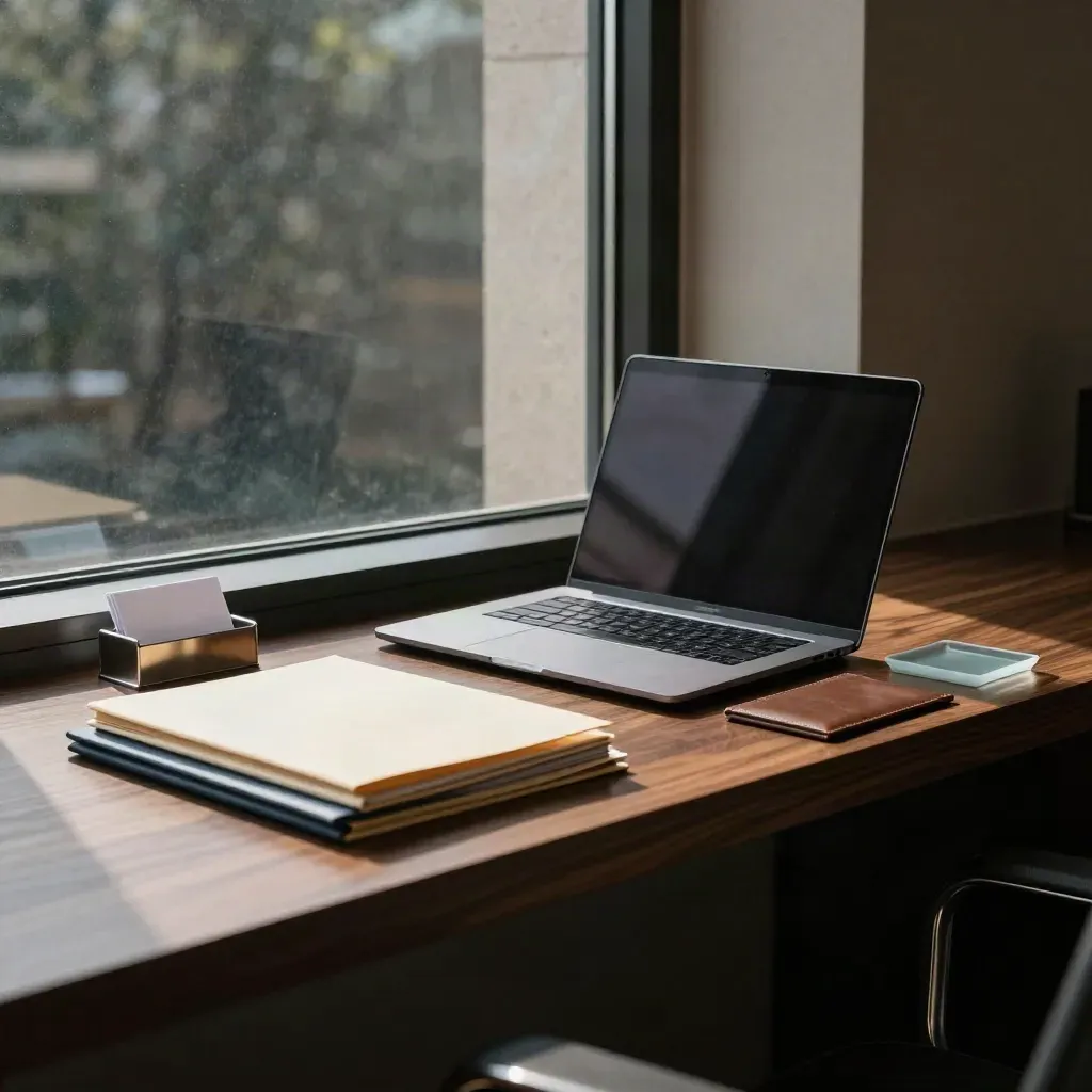 Elegantes Executive-Bürofenster mit Laptop, Aktenstapel und Kartenhalter im warmen Licht