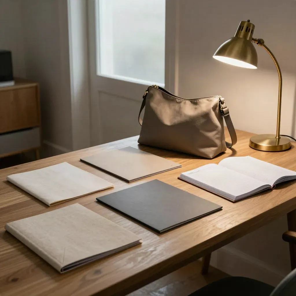 Ordentliches Karriere-Setup mit Bewerbungsordnern, Tasche, Planer und Lampe im Morgenlicht.
