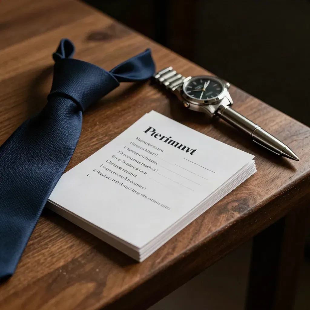Wristwatch, Krawattenknoten, Karten und Stift auf einer warmen Tischkante im harten Licht