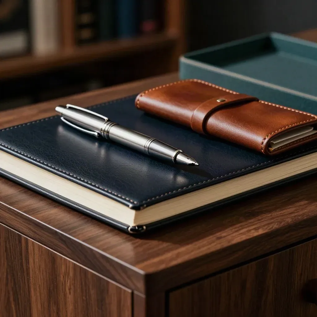 Makro eines Executive-Sets mit dunklem Notizbuch, Metallstift, Lederetui und Uhrenschale.