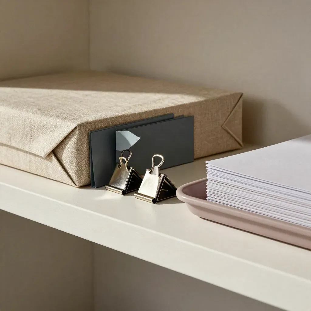 Geschlossene Dossiermappe mit Registerlaschen, Archivklammern und Ablageschale auf hellem Putz