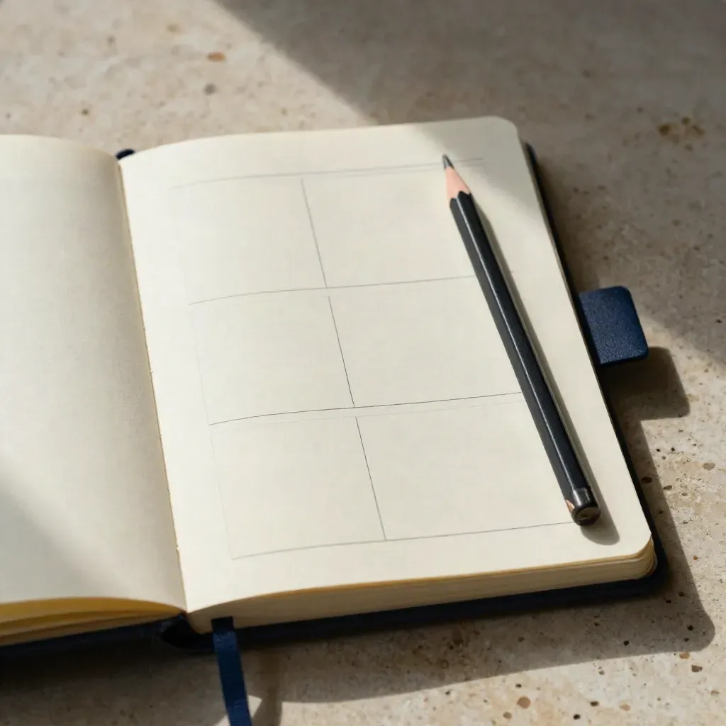 Notizbuch, Blankokarten und Bleistift auf hellem Stein für einen klaren Bewerbungsplan.