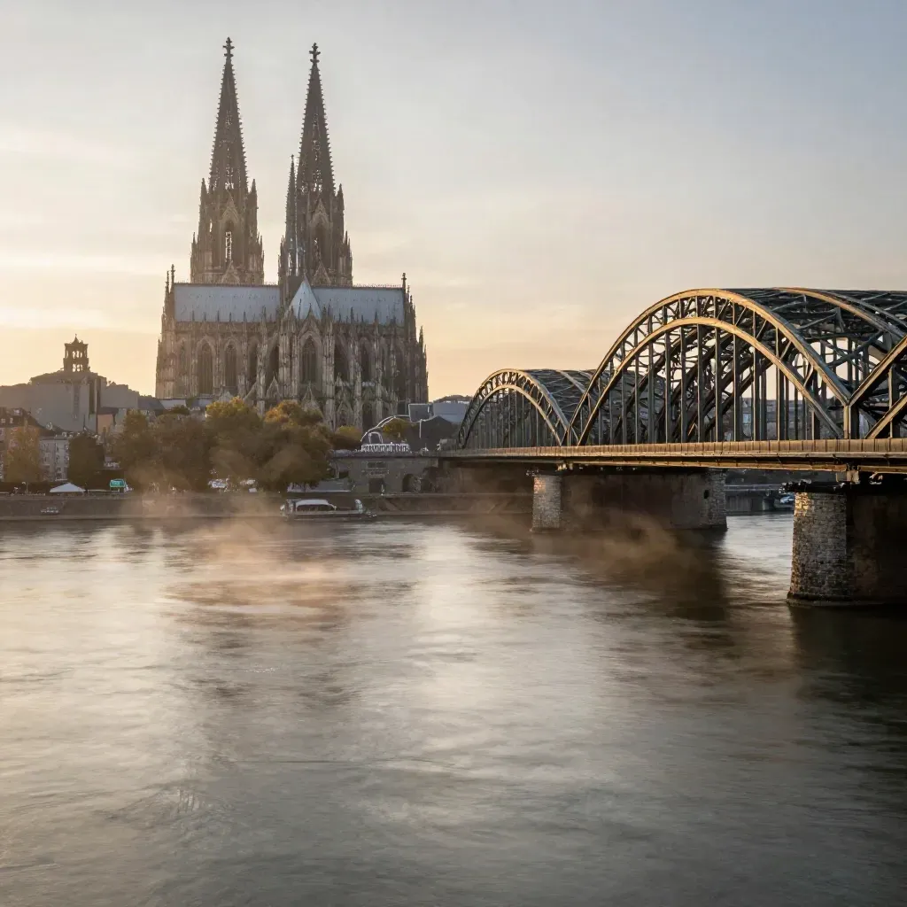 Kölner Dom und Rheinbrücken im goldenen Morgenlicht über ruhigem, nebligem Rhein.