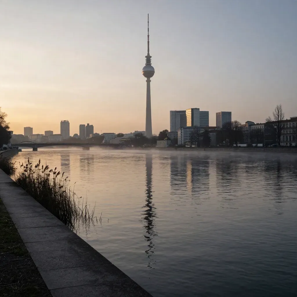 Berliner Skyline mit Fernsehturm über der Spree im warmen Abendlicht und leichtem Flusshaze.