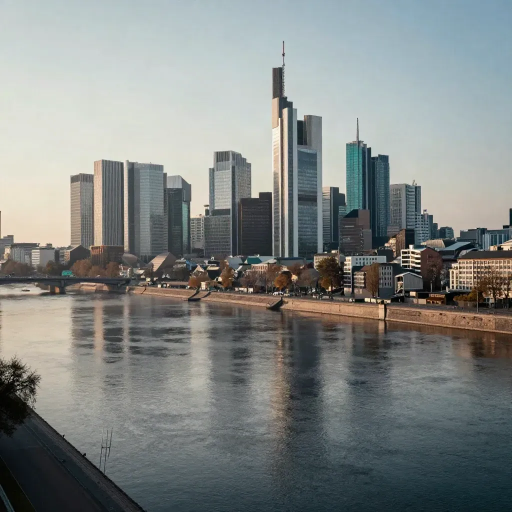 Frankfurts Skyline über dem Main im warmen Abendlicht mit ruhiger Wasserfläche und Dunst