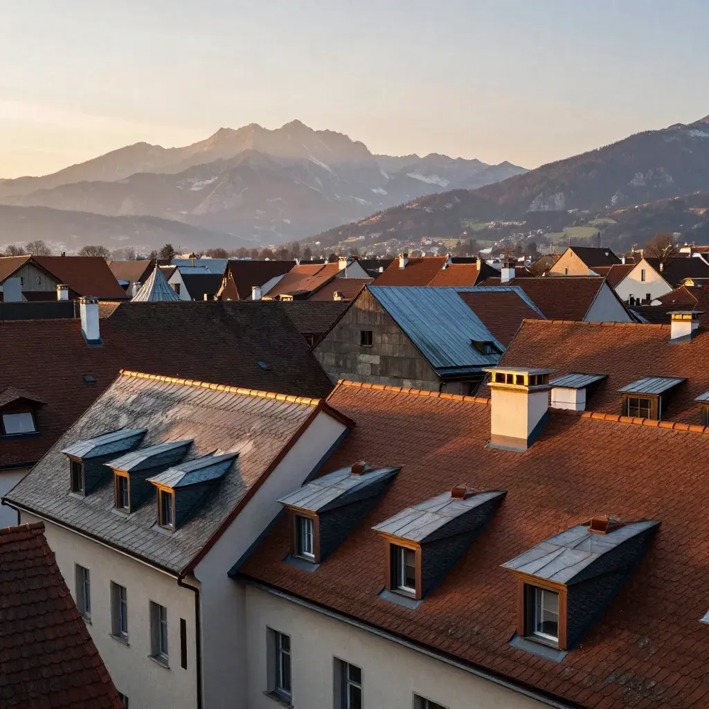 Münchner Dächer im Abendlicht mit Alpenblick und ruhiger Haze