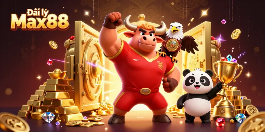 Engage with Đại lý Max88's vibrant casino world featuring cartoon bull, eagle, and panda amidst gold treasures.