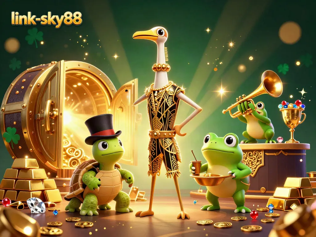Engage with link-sky88, a vibrant casino scene featuring a decorative crane, turtle, and frog amid treasures.