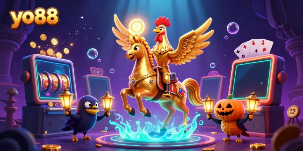 Experience the thrilling casino atmosphere with yo88's golden rooster and captivating game elements.