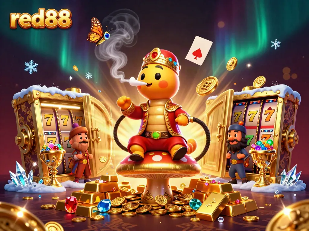 Experience thrilling slots action at red88 with a vibrant casino scene featuring a whimsical caterpillar, treasure, and magical gems.