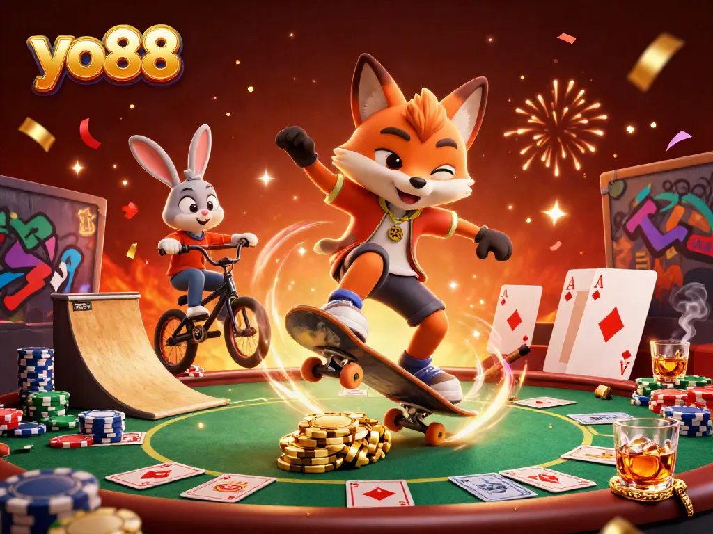 Your chance to win big at yo88 with a vibrant scene of a skateboarder fox and BMX-rider rabbit celebrating at a casino.