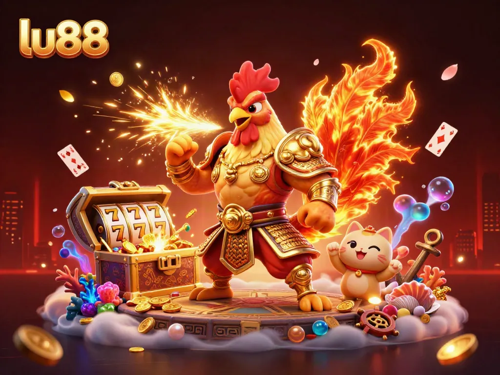 Experience epic wins at lu88 with a cartoon fighting rooster and dragon in a vibrant casino scene.