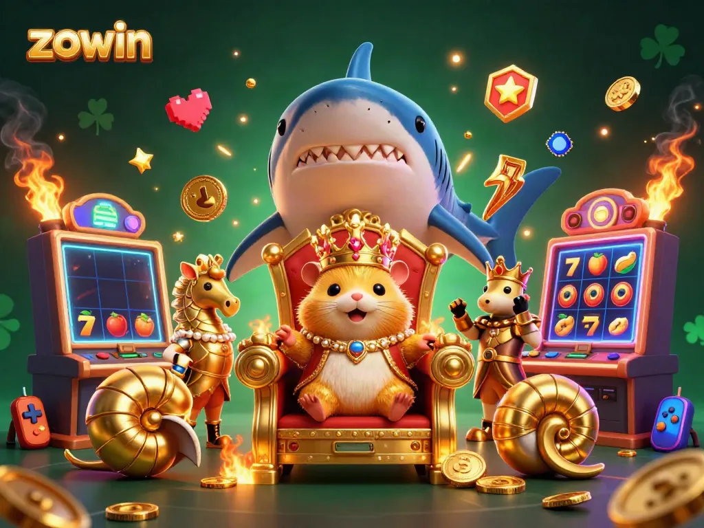 Experience thrilling jackpot wins at zowin with a vibrant 3D casino scene featuring the golden hamster king and slot machines.