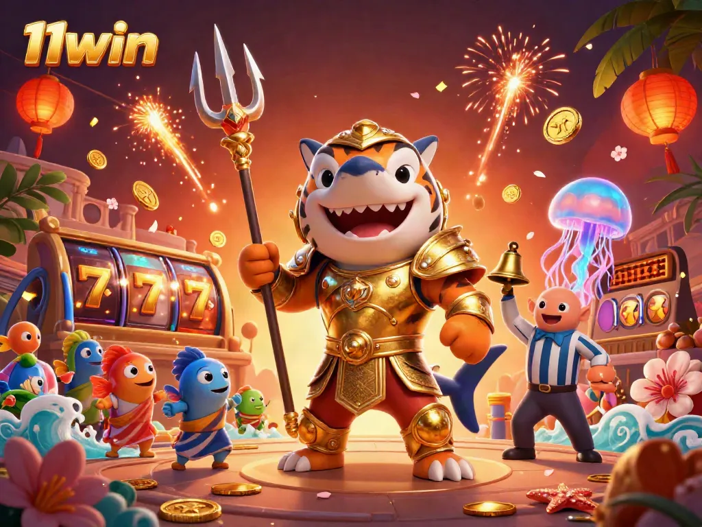 Experience thrilling gameplay at 11win with a fierce underwater champion amid vibrant casino elements.