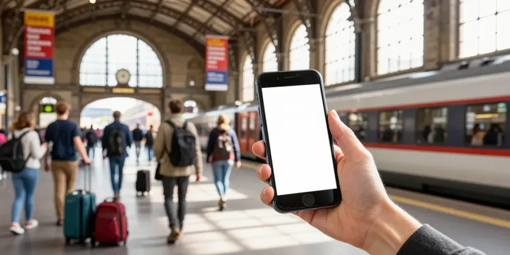 Erstattbare Zugtickets am historischen Bahnhof in Deutschland mit Reisenden und mobilen Geräten.
