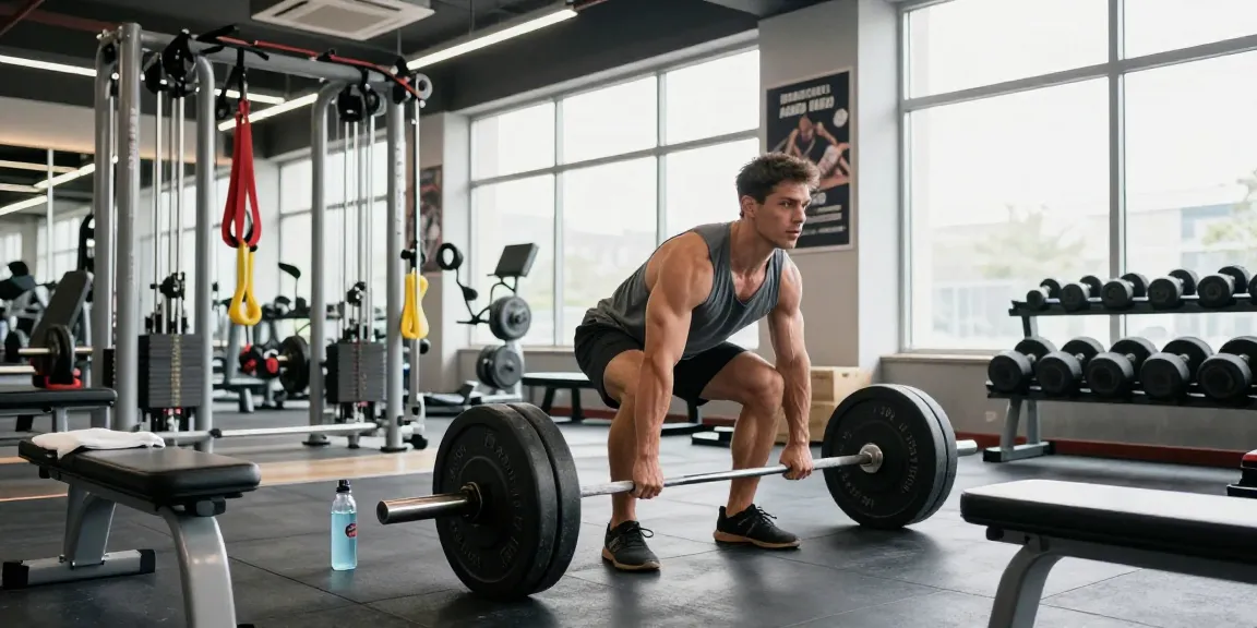 Deus Medical Produkte zur Leistungssteigerung im Fitnessstudio, Bodybuilder beim Training mit Hanteln.